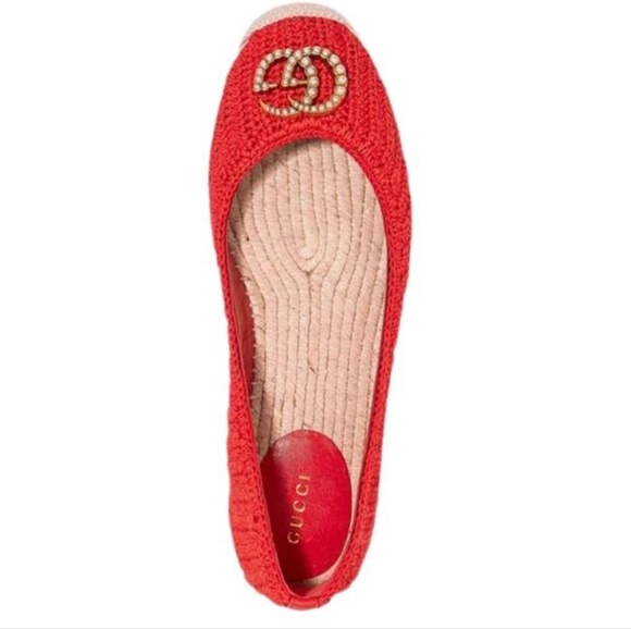 GUCCI Red Lilibeth Gg Faux Pearl-embellished Espadrilles Flats Size 7 - Picture 2 of 11